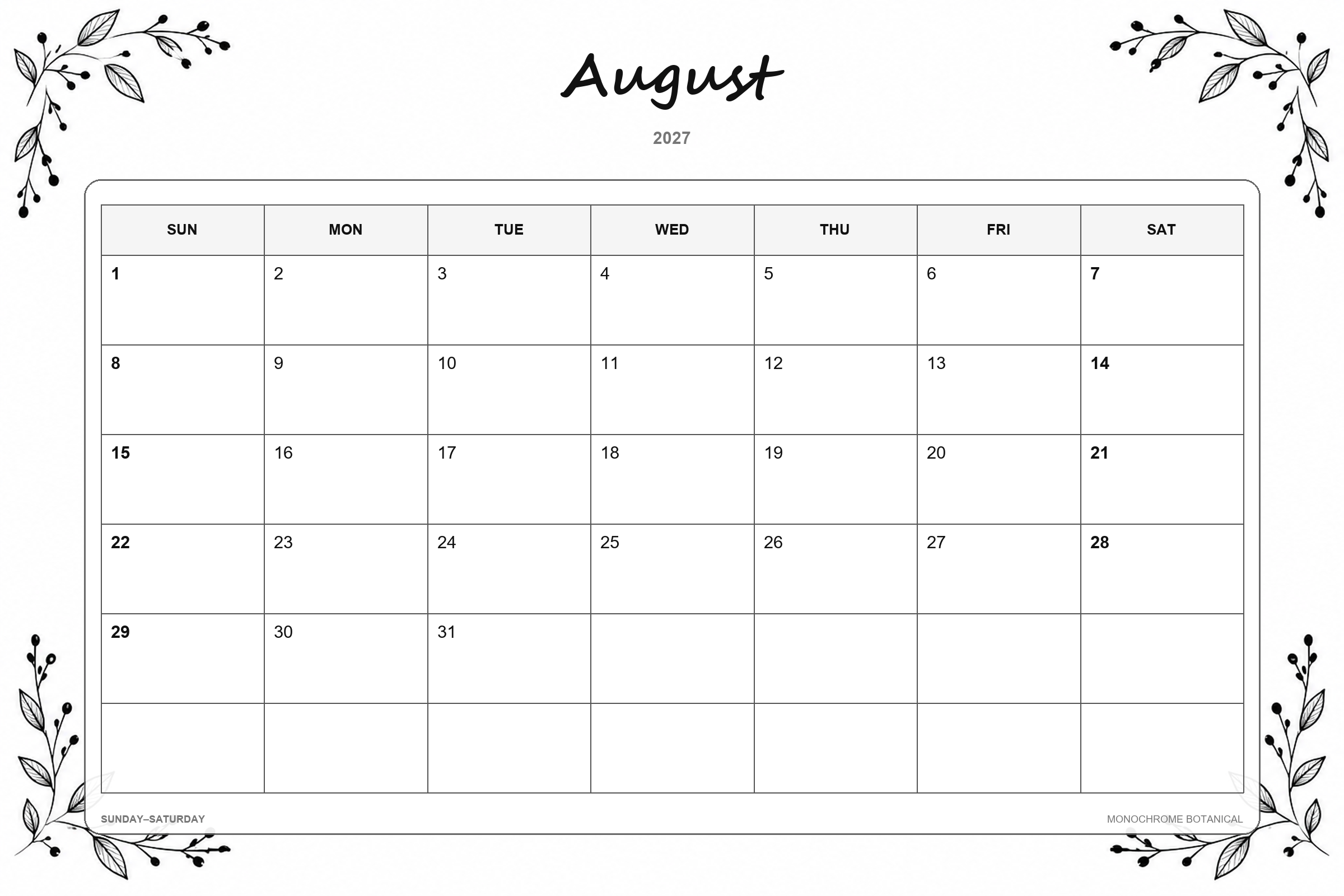 Calendrier de août 2027 à imprimer : Botanique monochrome