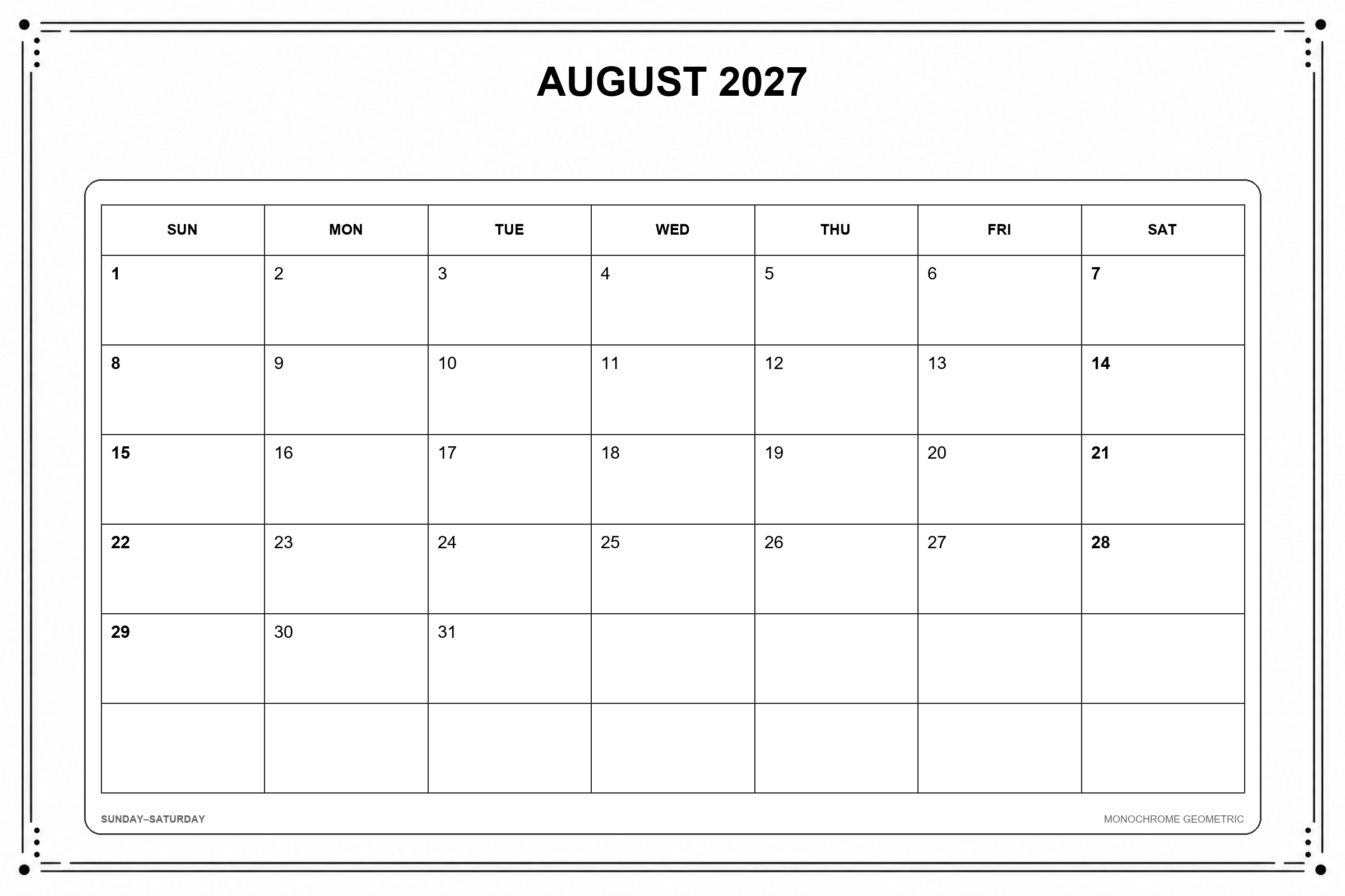 Calendrier de août 2027 à imprimer : Géométrie monochrome
