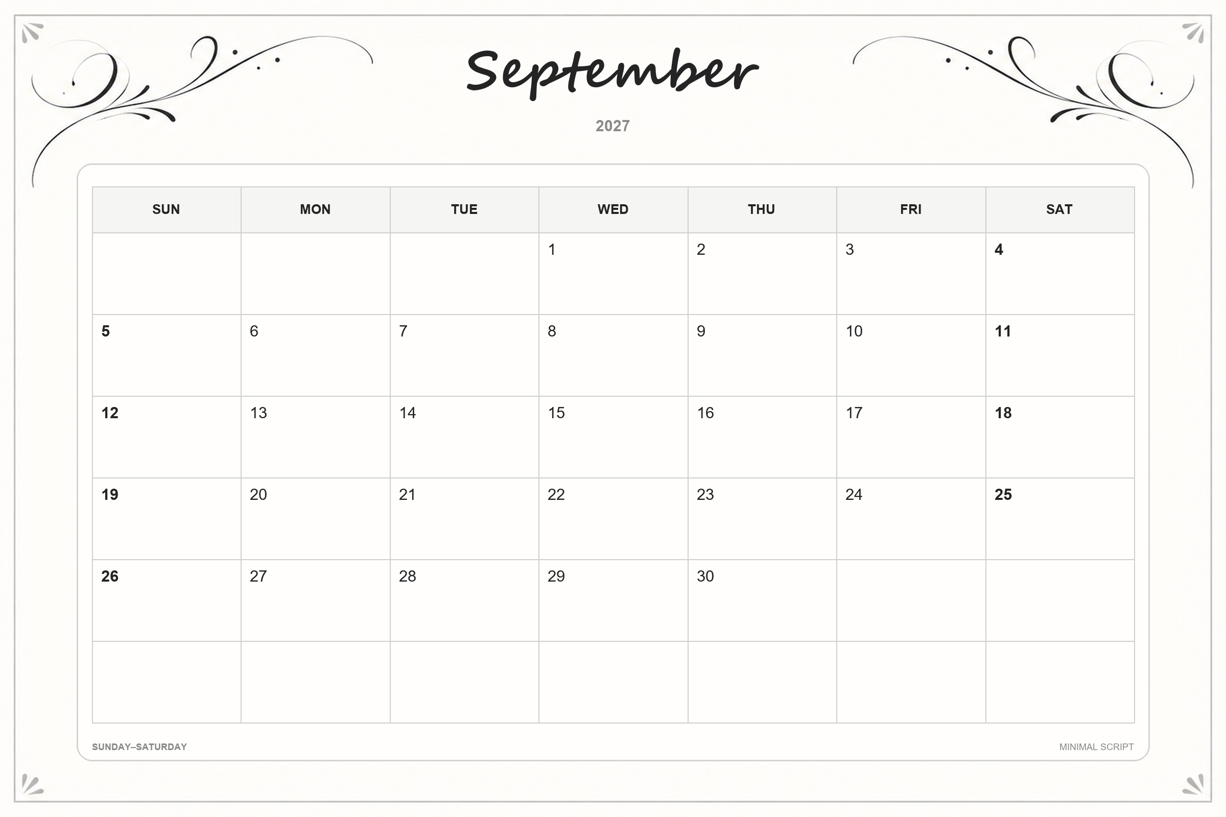 Calendrier de septembre 2027 à imprimer : Écriture minimaliste
