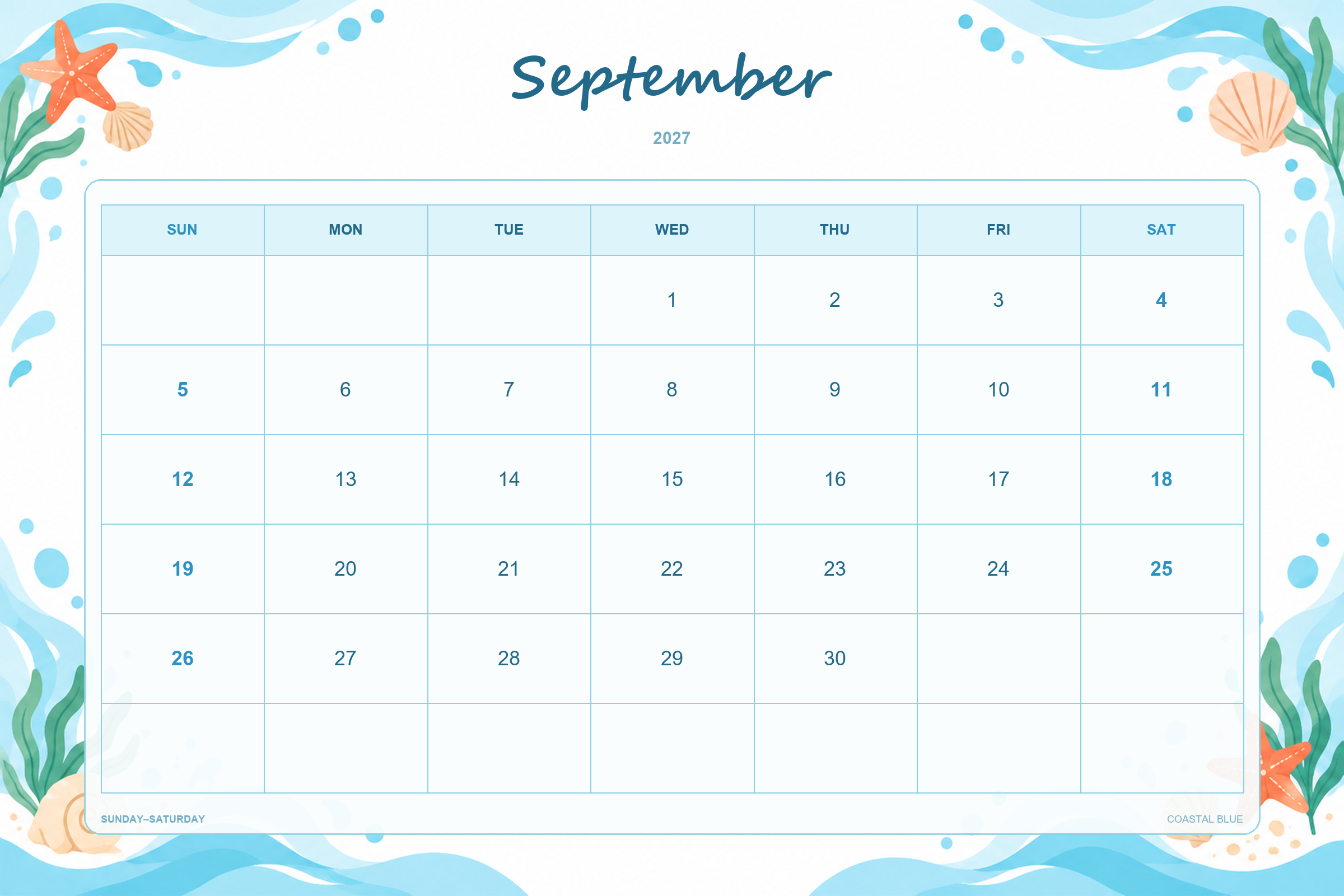 Calendrier de septembre 2027 à imprimer : Bleu côtier