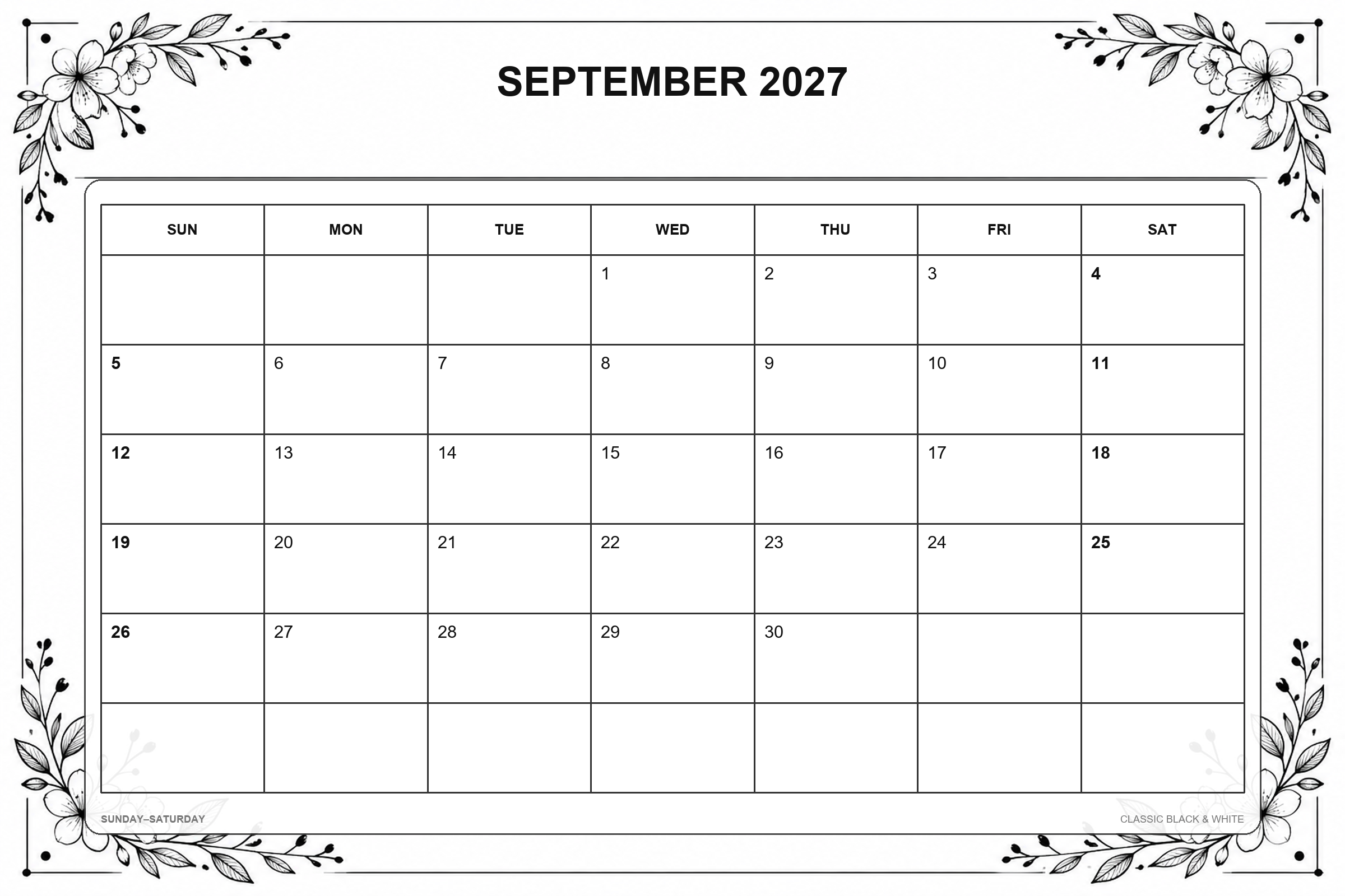 Calendrier de septembre 2027 à imprimer : Noir et blanc classique