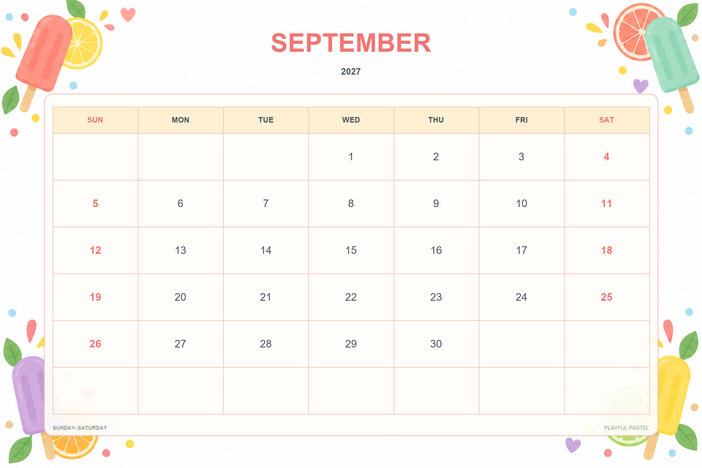 Calendrier de septembre 2027 à imprimer : Pastels ludiques
