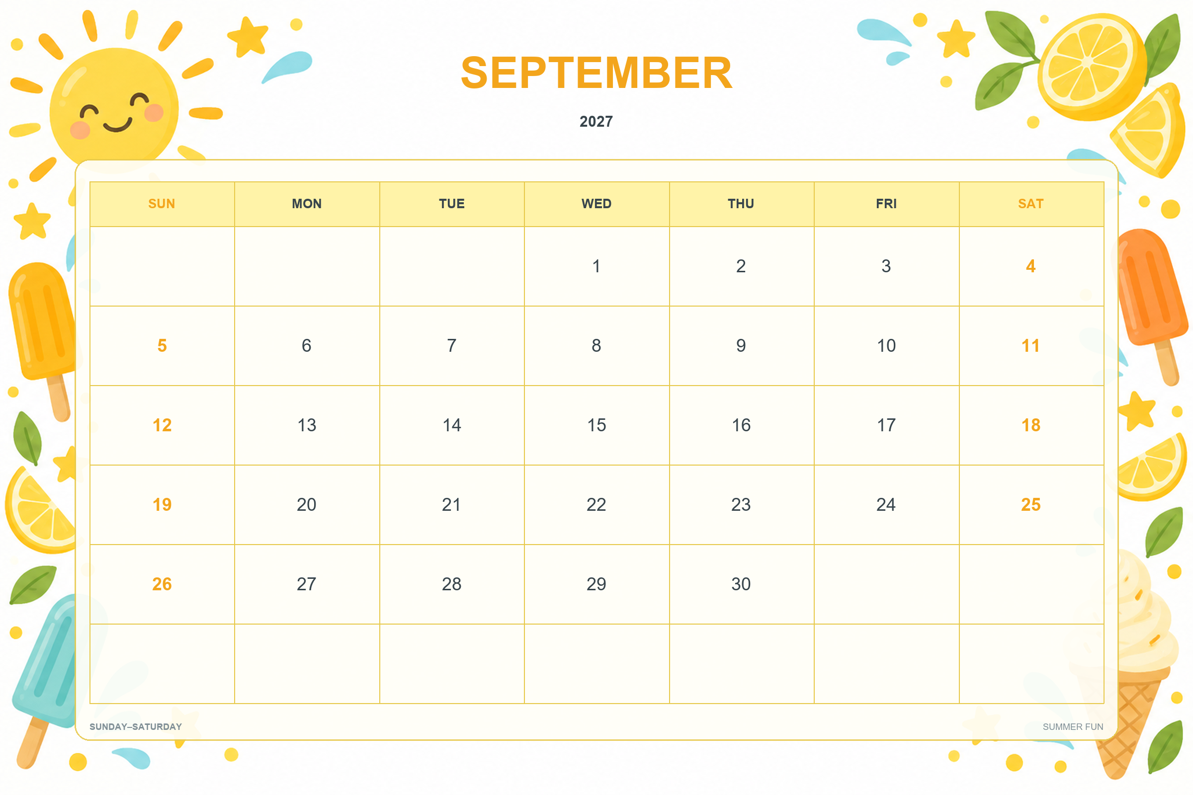 Calendrier de septembre 2027 à imprimer : Esprit d’été