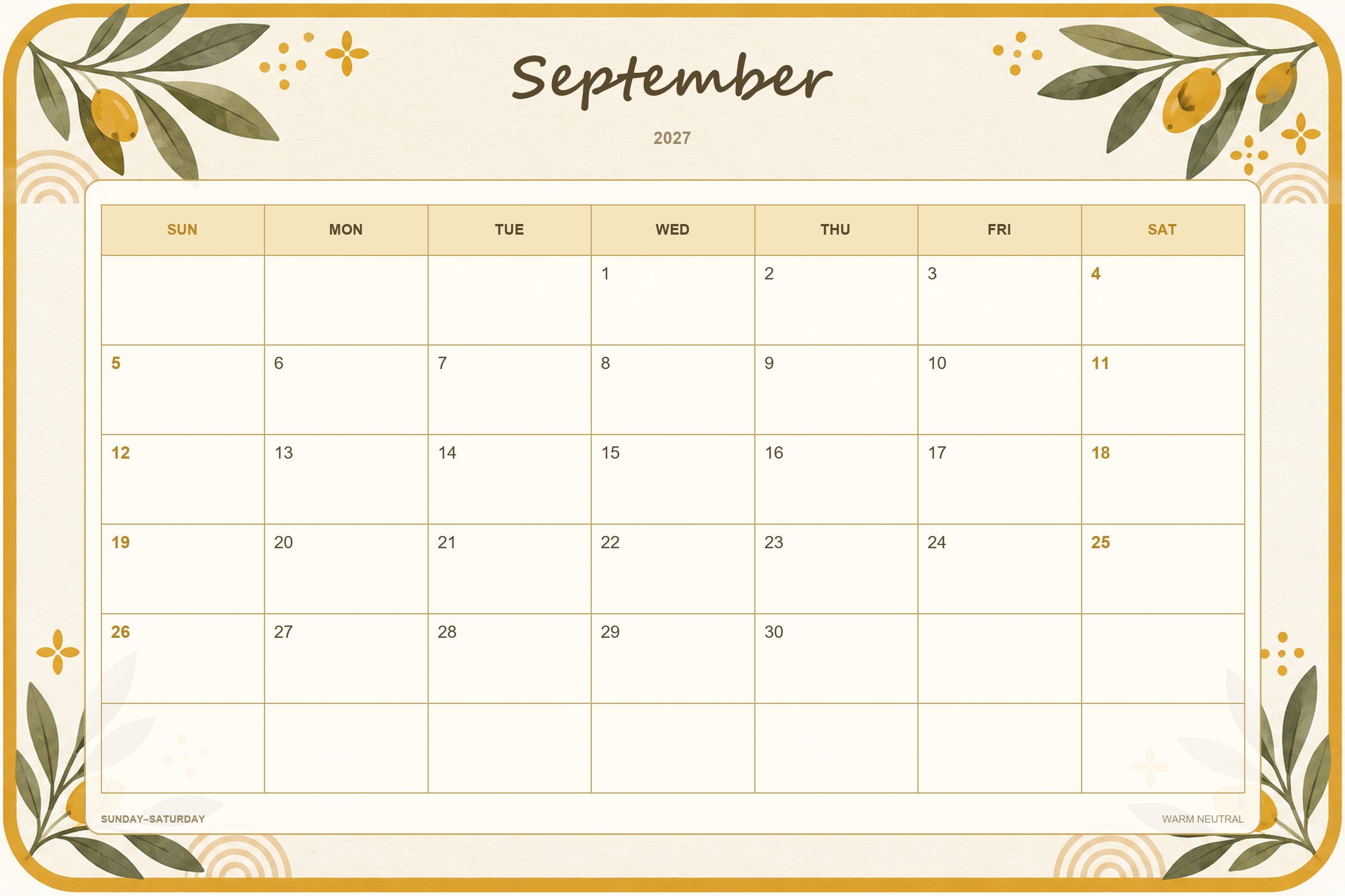 Calendrier de septembre 2027 à imprimer : Tons neutres chaleureux