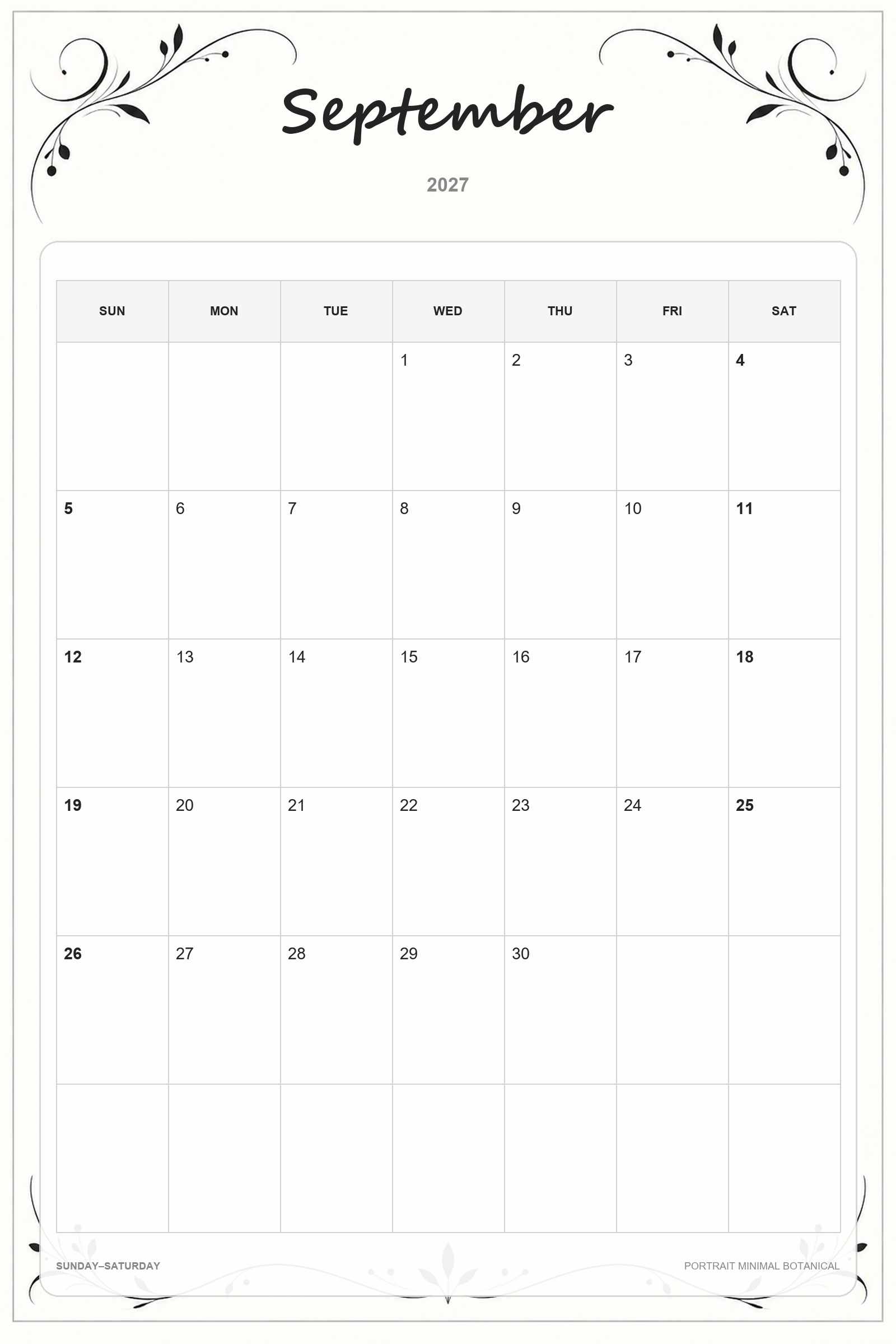 Calendrier de septembre 2027 à imprimer : Botanique minimaliste en portrait