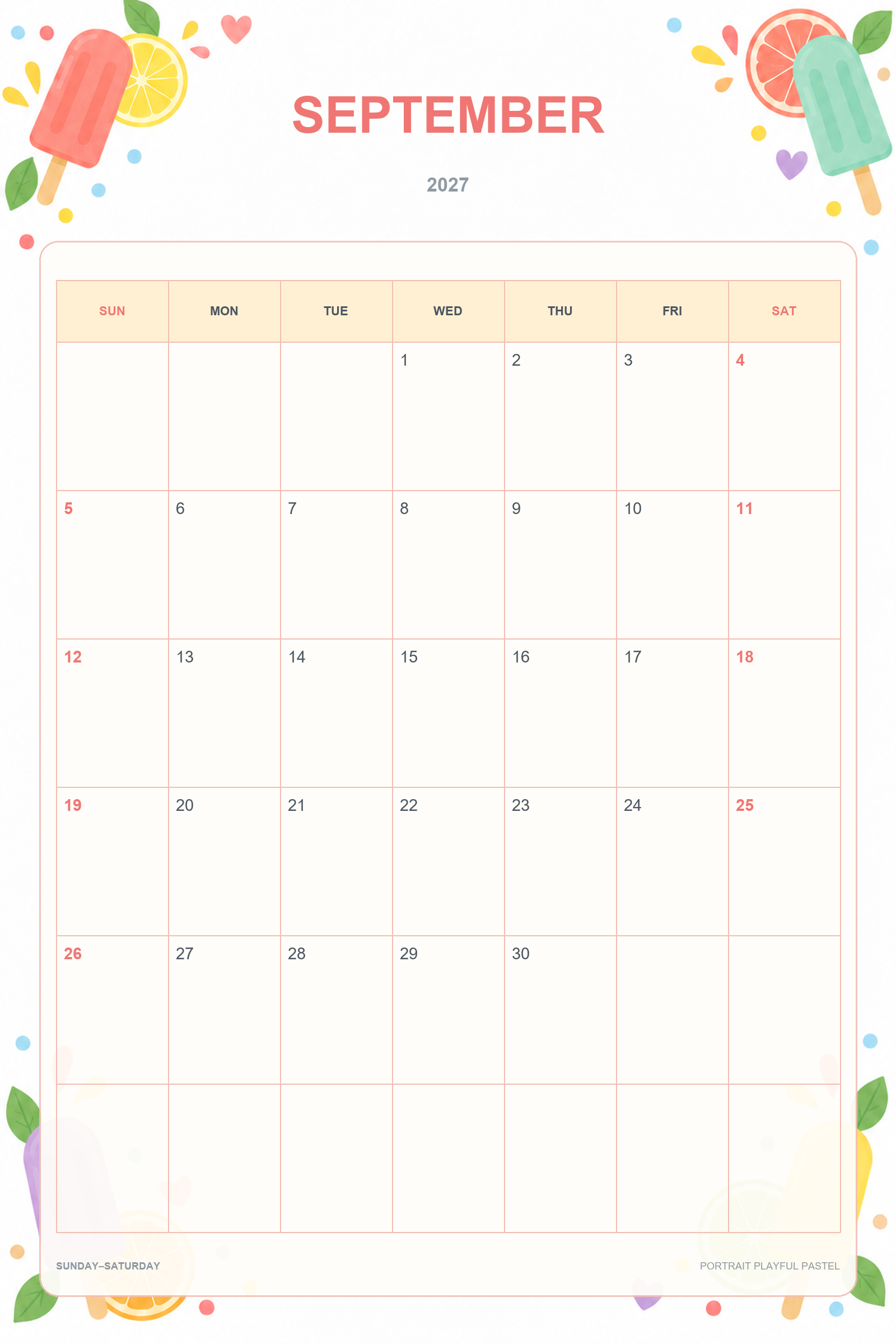 Calendrier de septembre 2027 à imprimer : Pastels ludiques en portrait