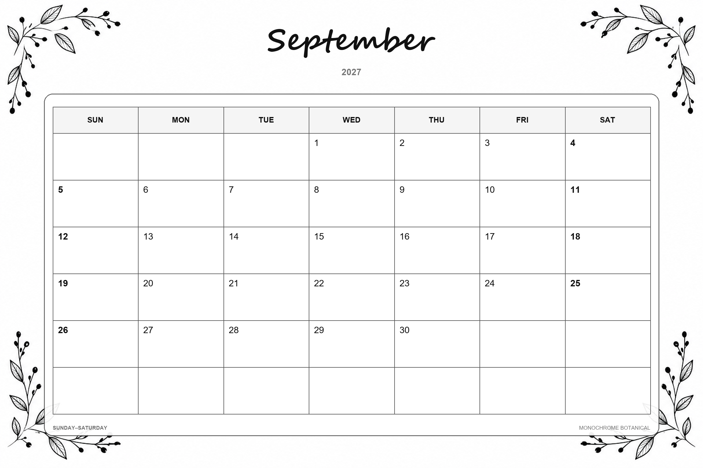 Calendrier de septembre 2027 à imprimer : Botanique monochrome