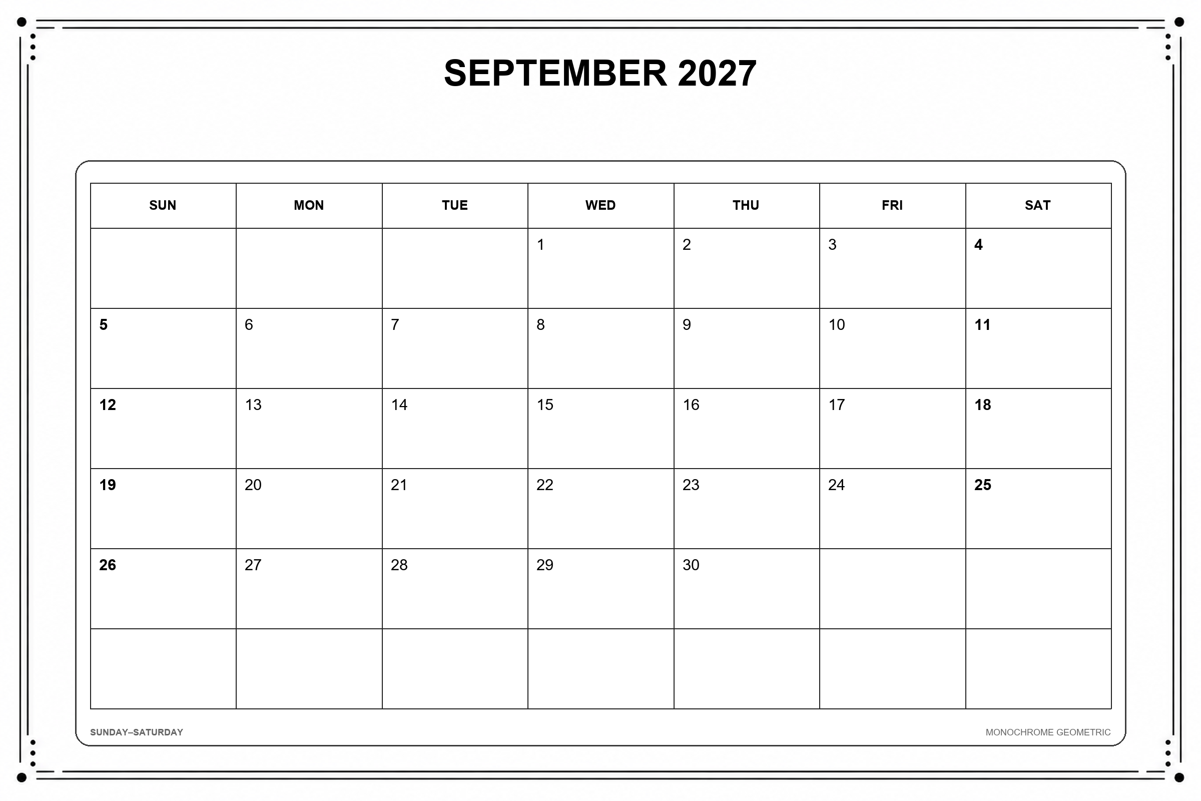 Calendrier de septembre 2027 à imprimer : Géométrie monochrome