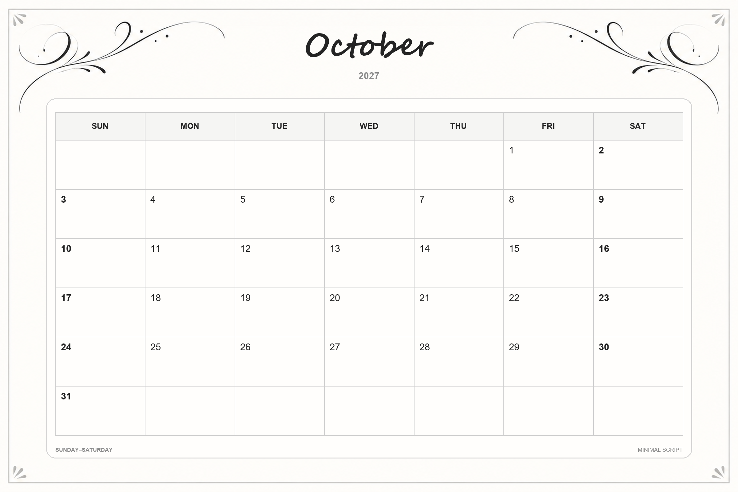 Calendrier de octobre 2027 à imprimer : Écriture minimaliste