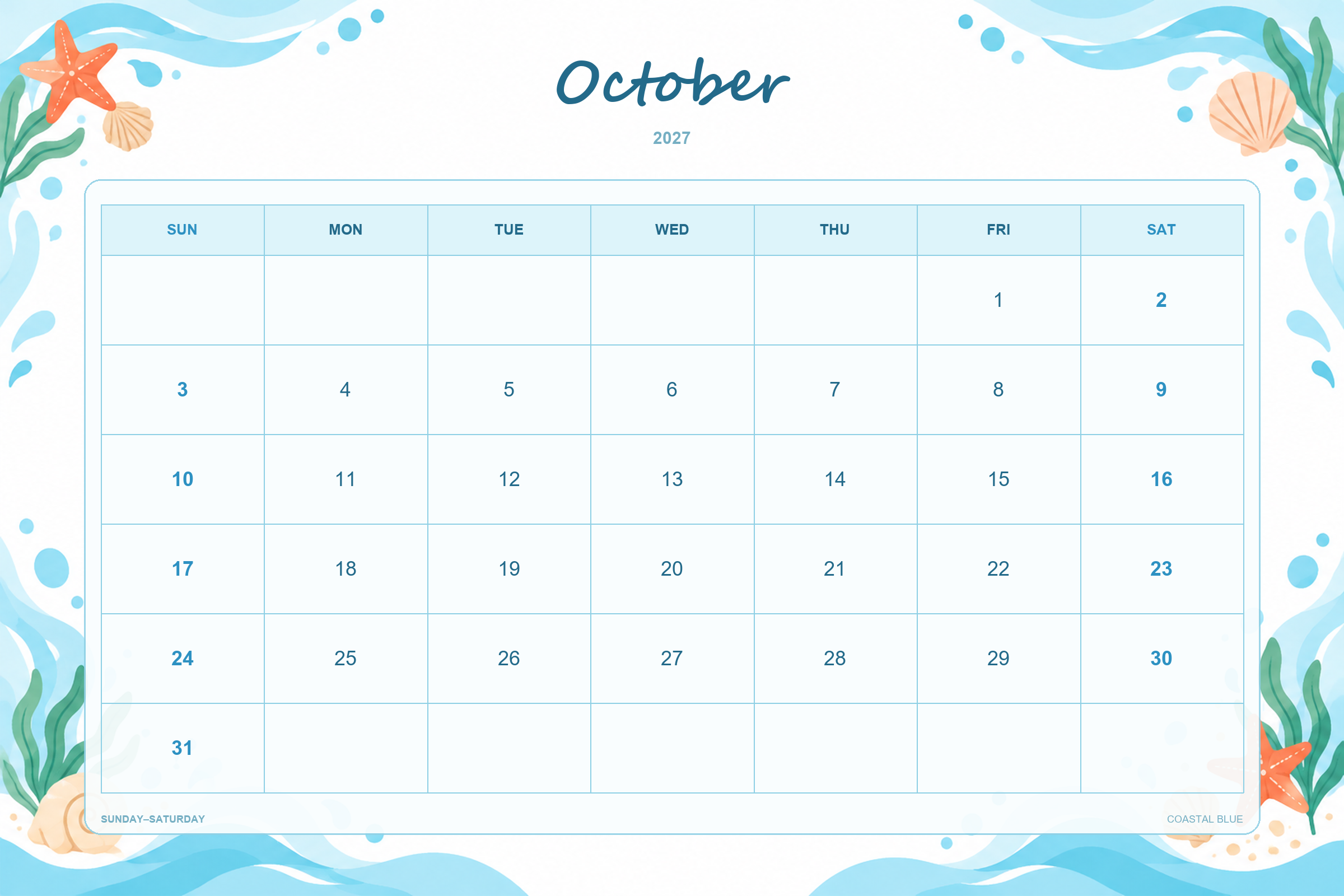 Calendrier de octobre 2027 à imprimer : Bleu côtier