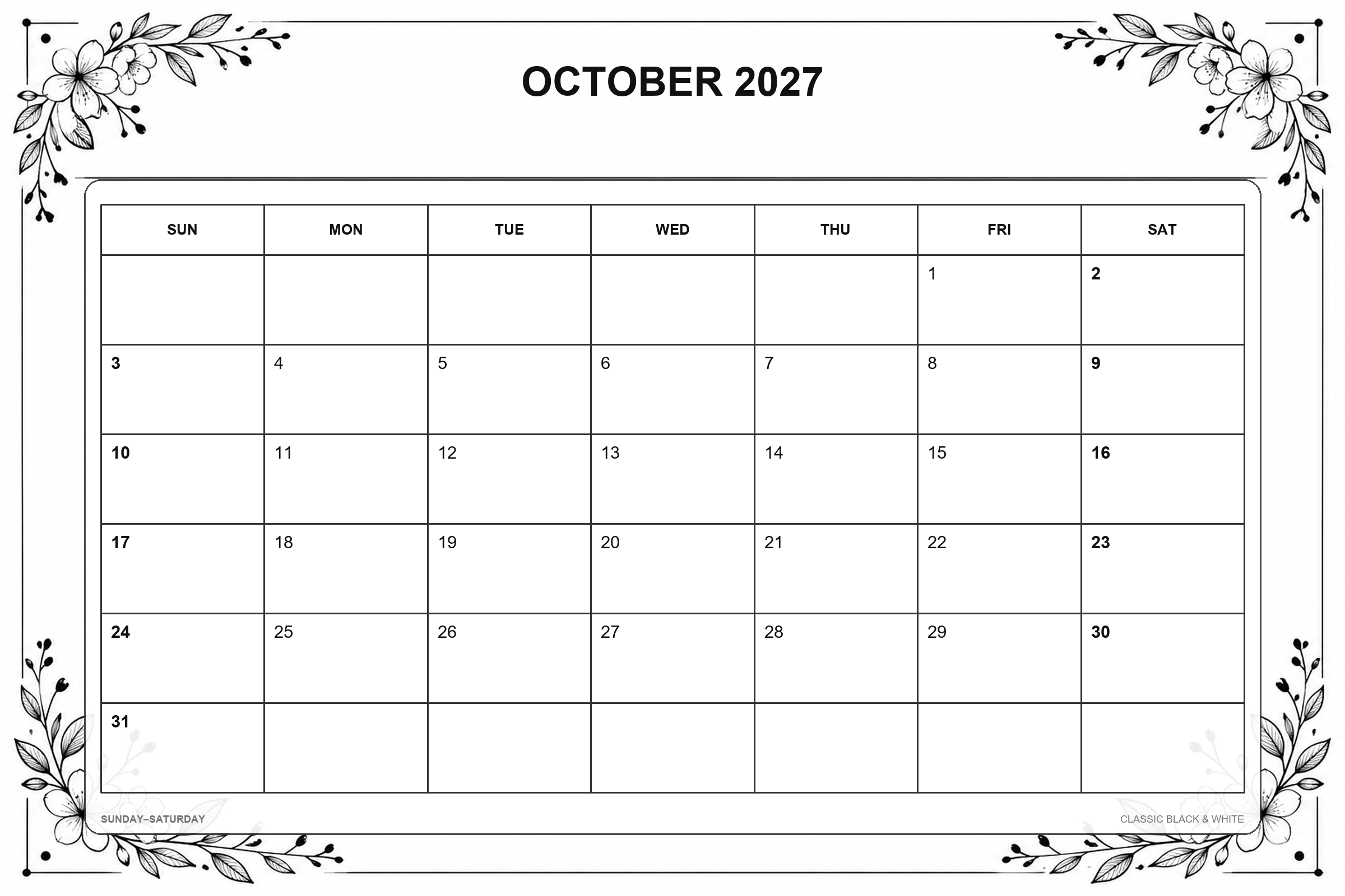 Calendrier de octobre 2027 à imprimer : Noir et blanc classique