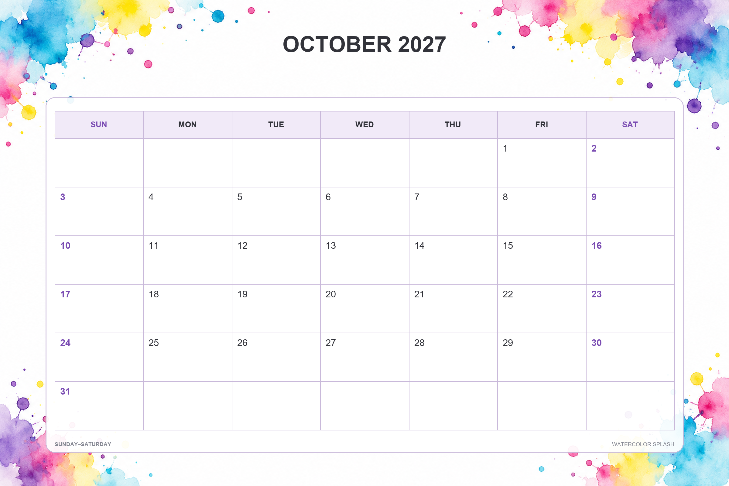 Calendrier de octobre 2027 à imprimer : Touches d’aquarelle