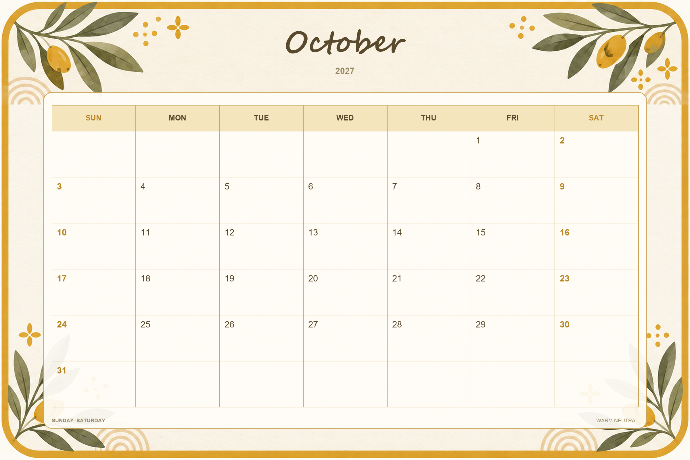Calendrier de octobre 2027 à imprimer : Tons neutres chaleureux