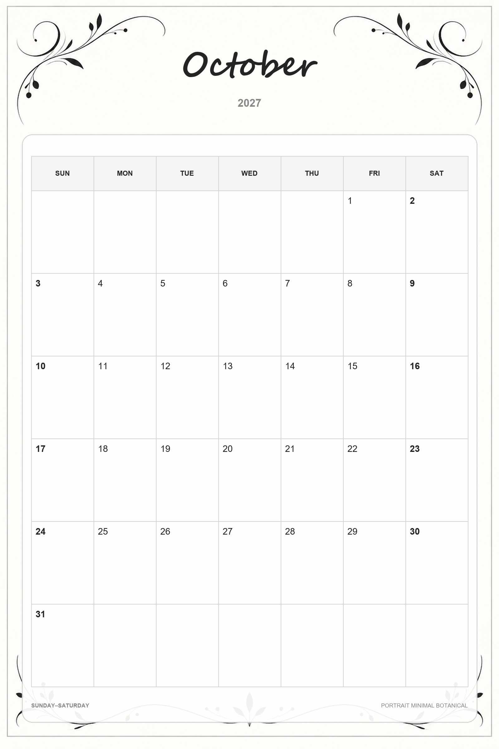 Calendrier de octobre 2027 à imprimer : Botanique minimaliste en portrait