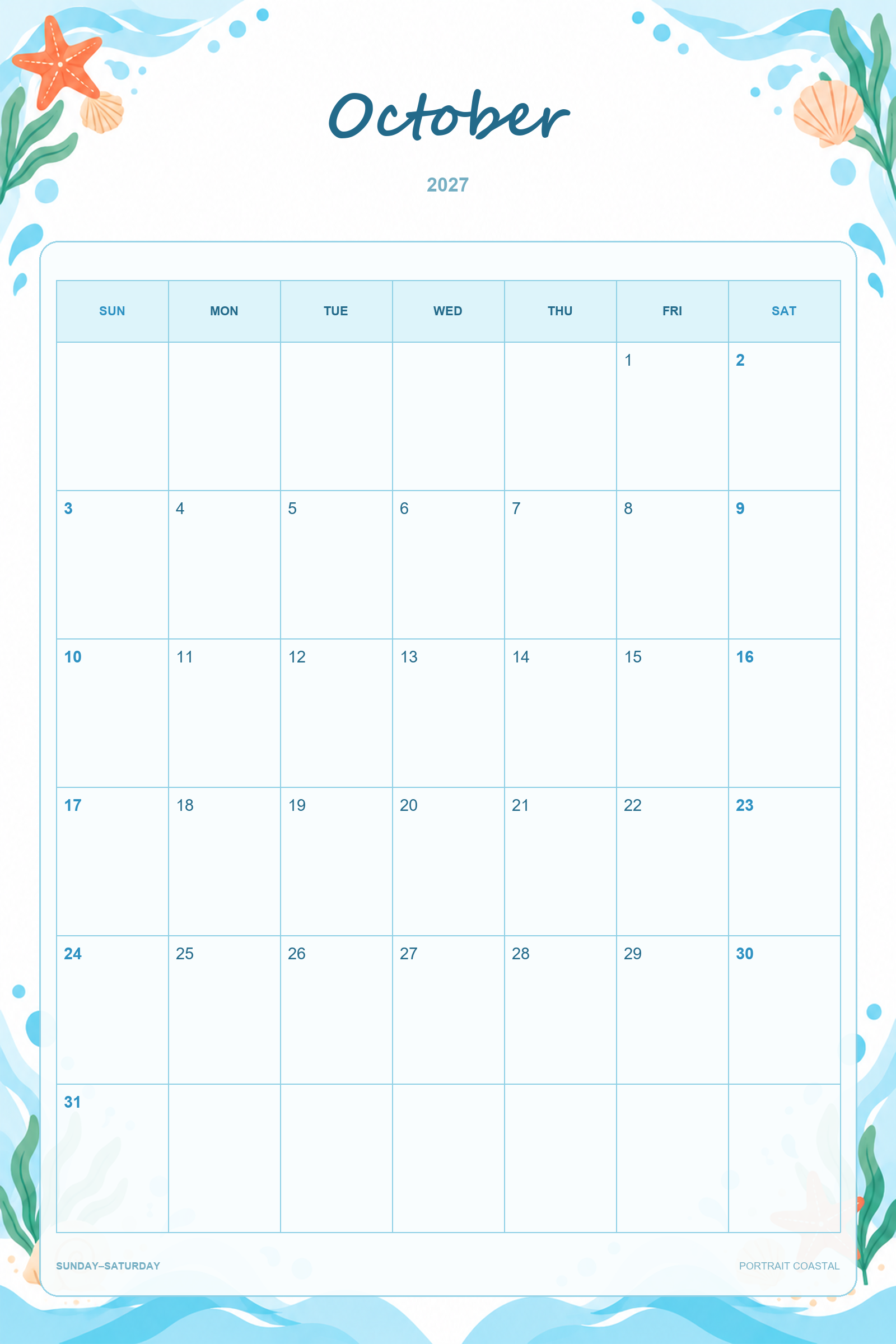Calendrier de octobre 2027 à imprimer : Ambiance côtière en portrait