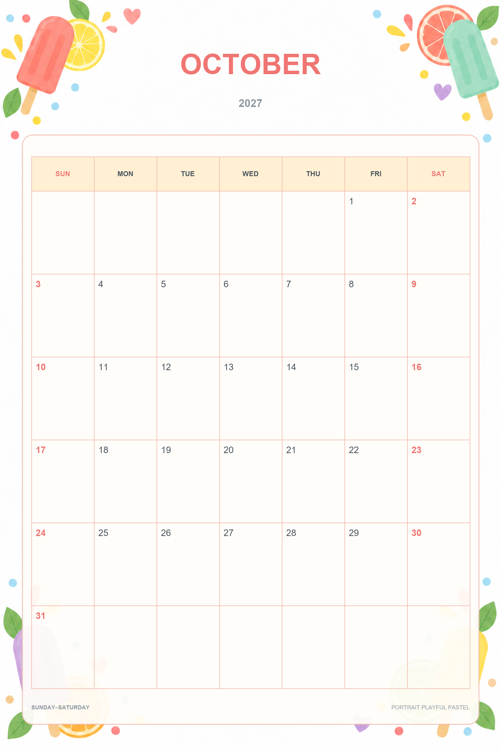 Calendrier de octobre 2027 à imprimer : Pastels ludiques en portrait