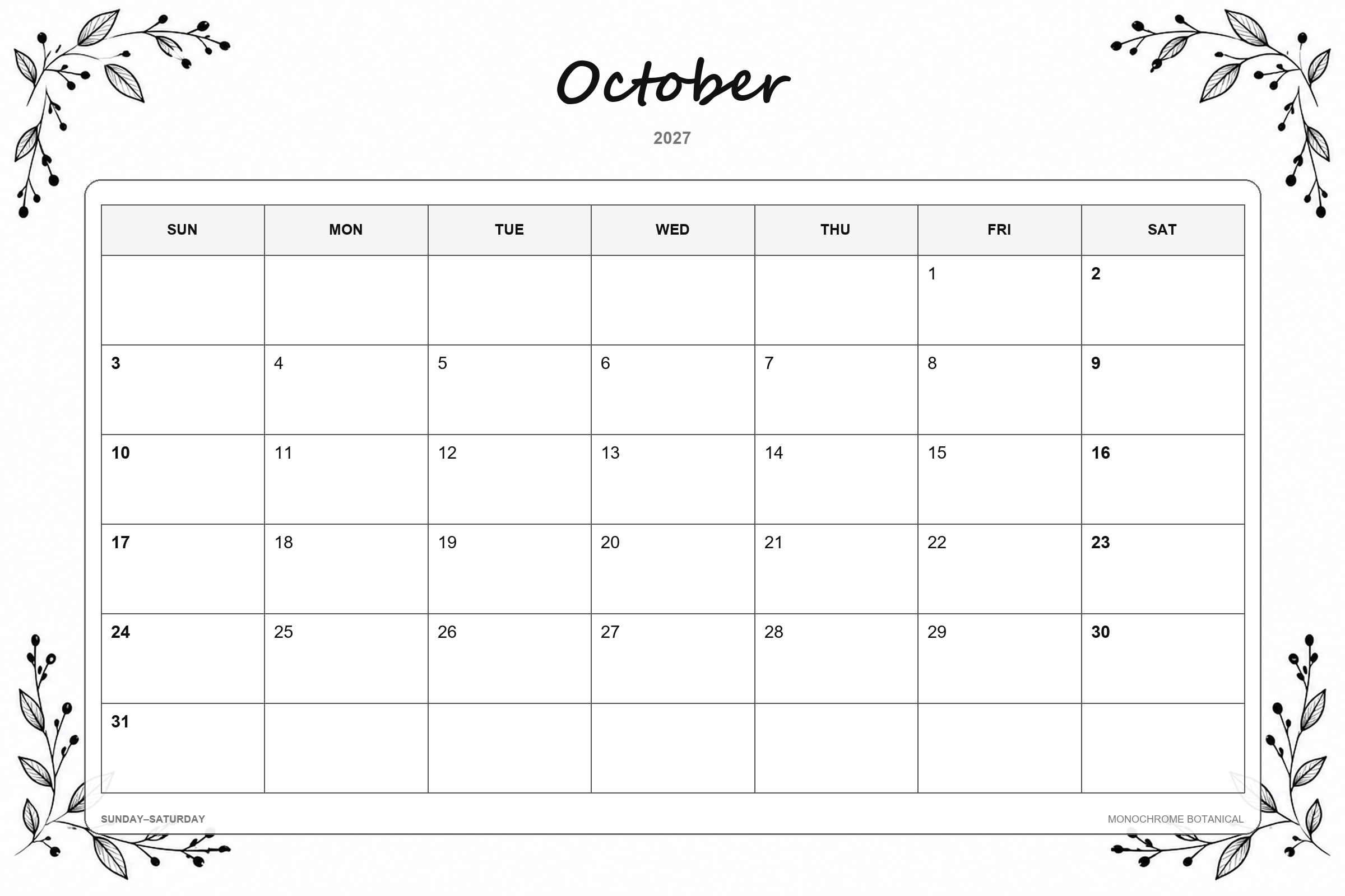 Calendrier de octobre 2027 à imprimer : Botanique monochrome