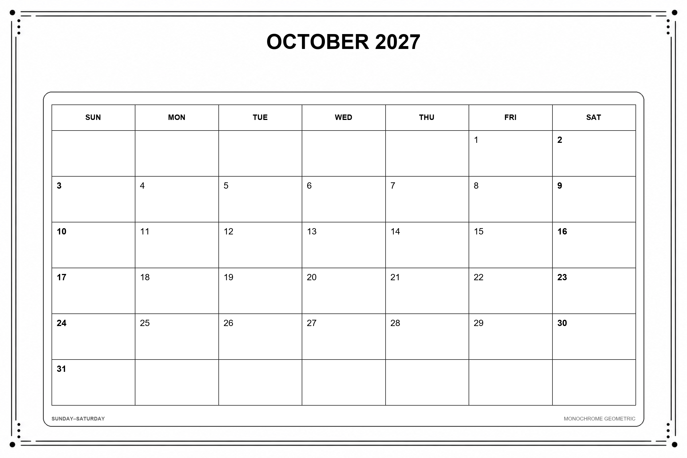 Calendrier de octobre 2027 à imprimer : Géométrie monochrome