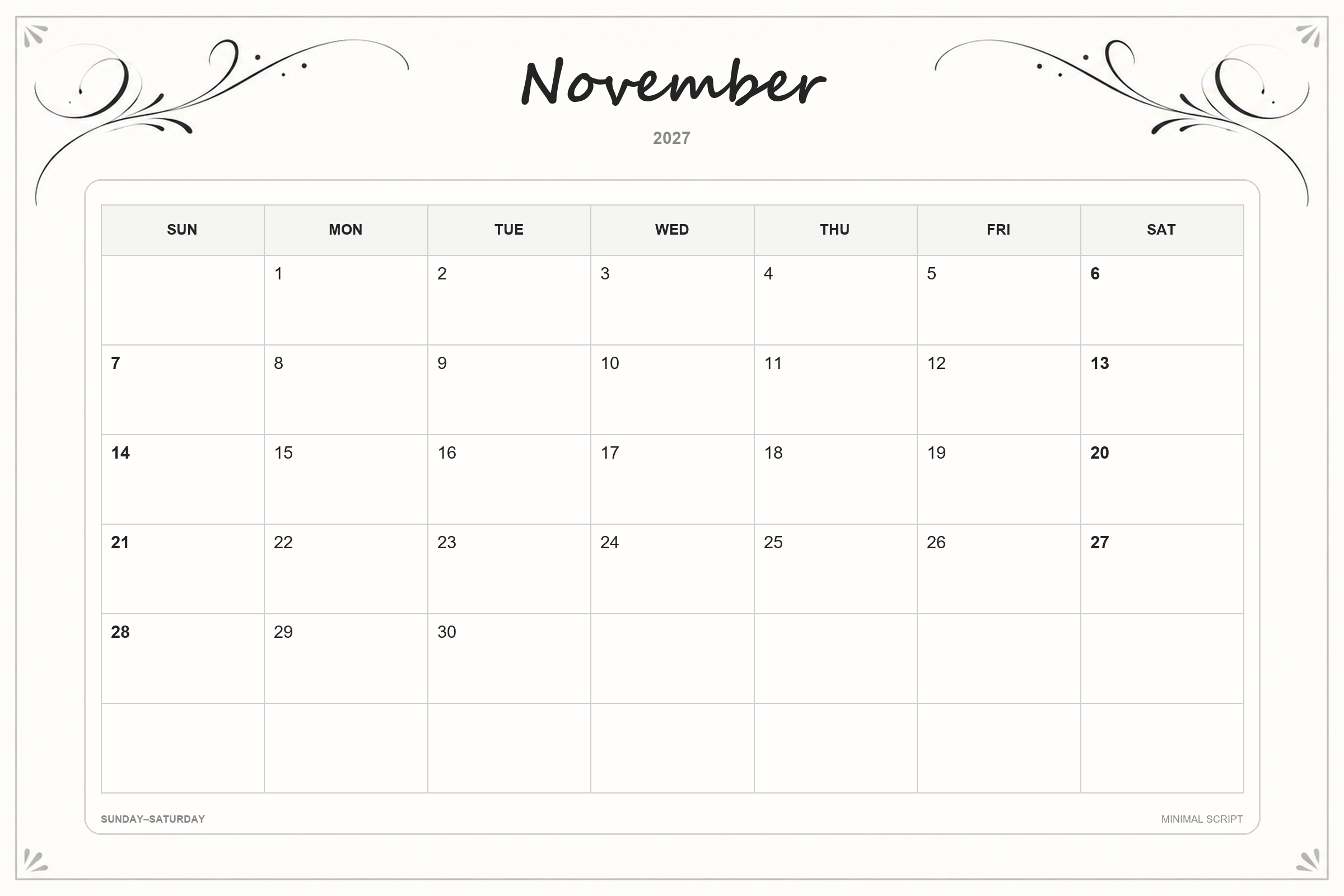 Calendrier de novembre 2027 à imprimer : Écriture minimaliste