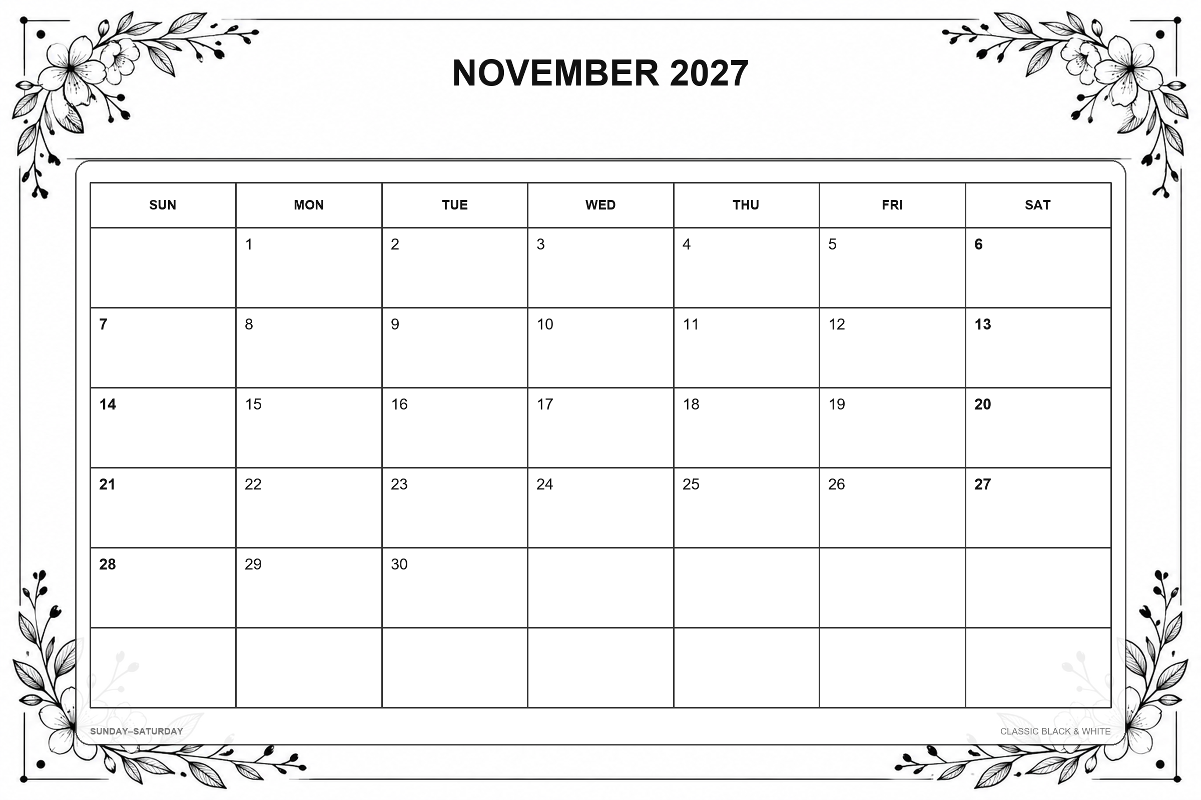 Calendrier de novembre 2027 à imprimer : Noir et blanc classique