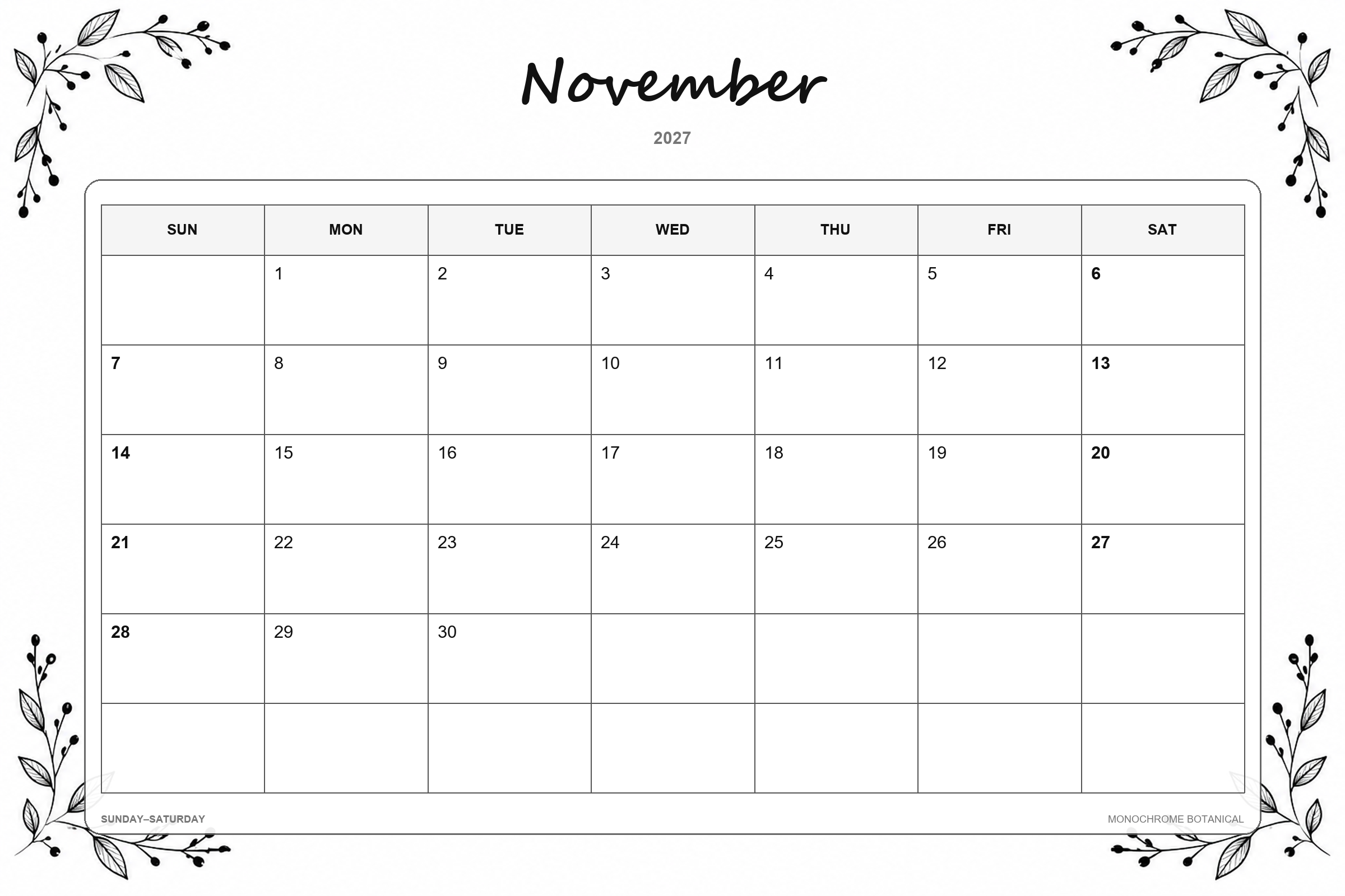 Calendrier de novembre 2027 à imprimer : Botanique monochrome