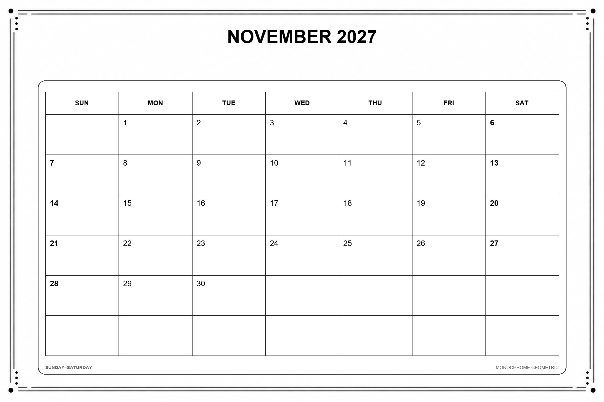 Calendrier de novembre 2027 à imprimer : Géométrie monochrome