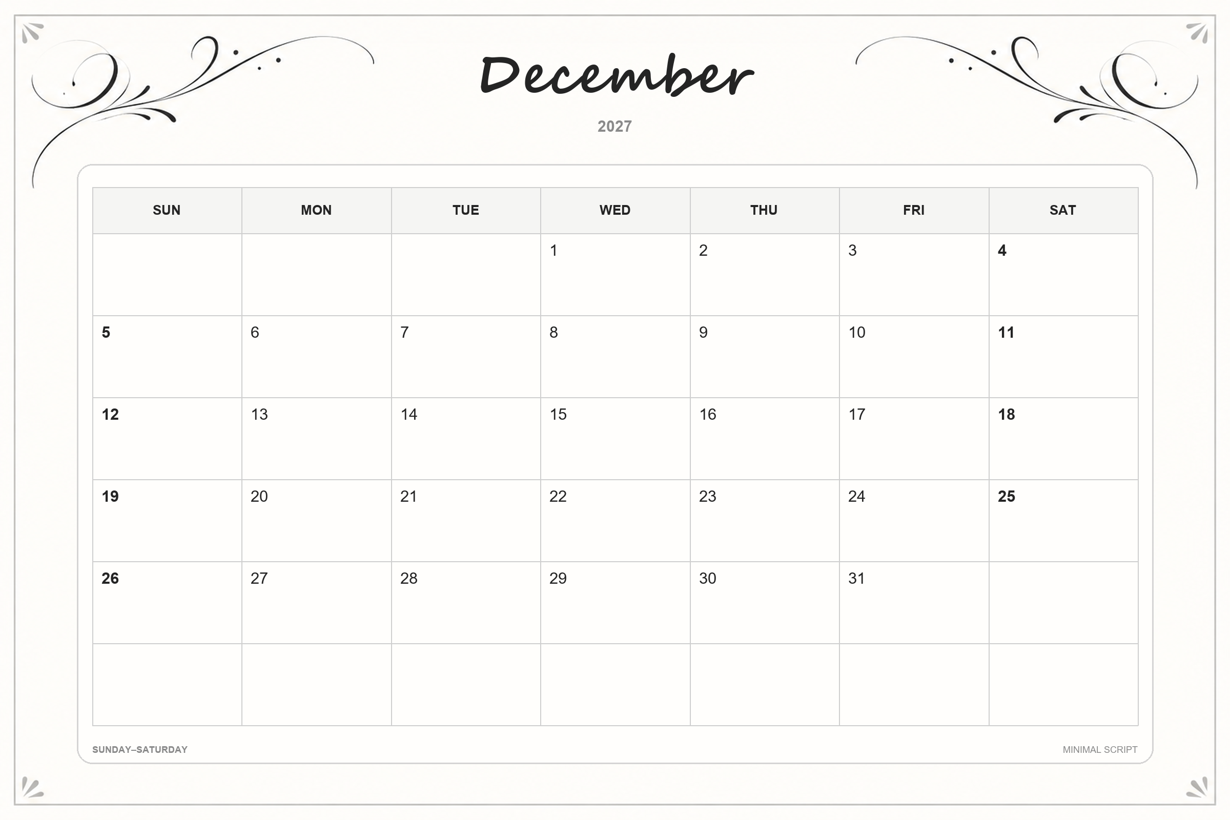 Calendrier de décembre 2027 à imprimer : Écriture minimaliste