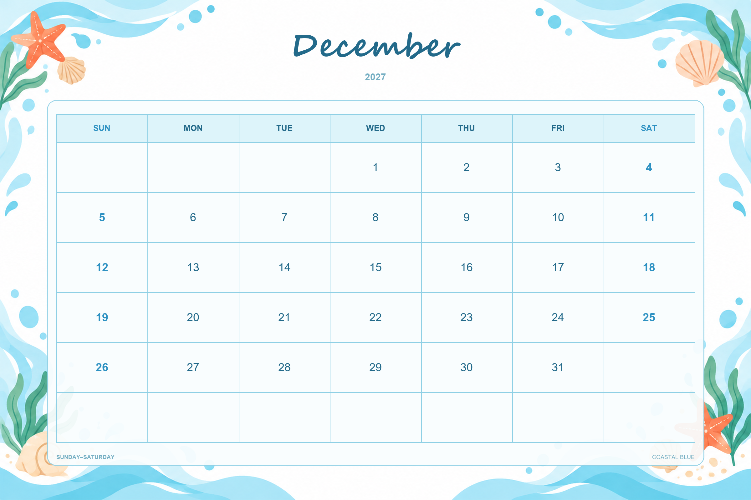 Calendrier de décembre 2027 à imprimer : Bleu côtier