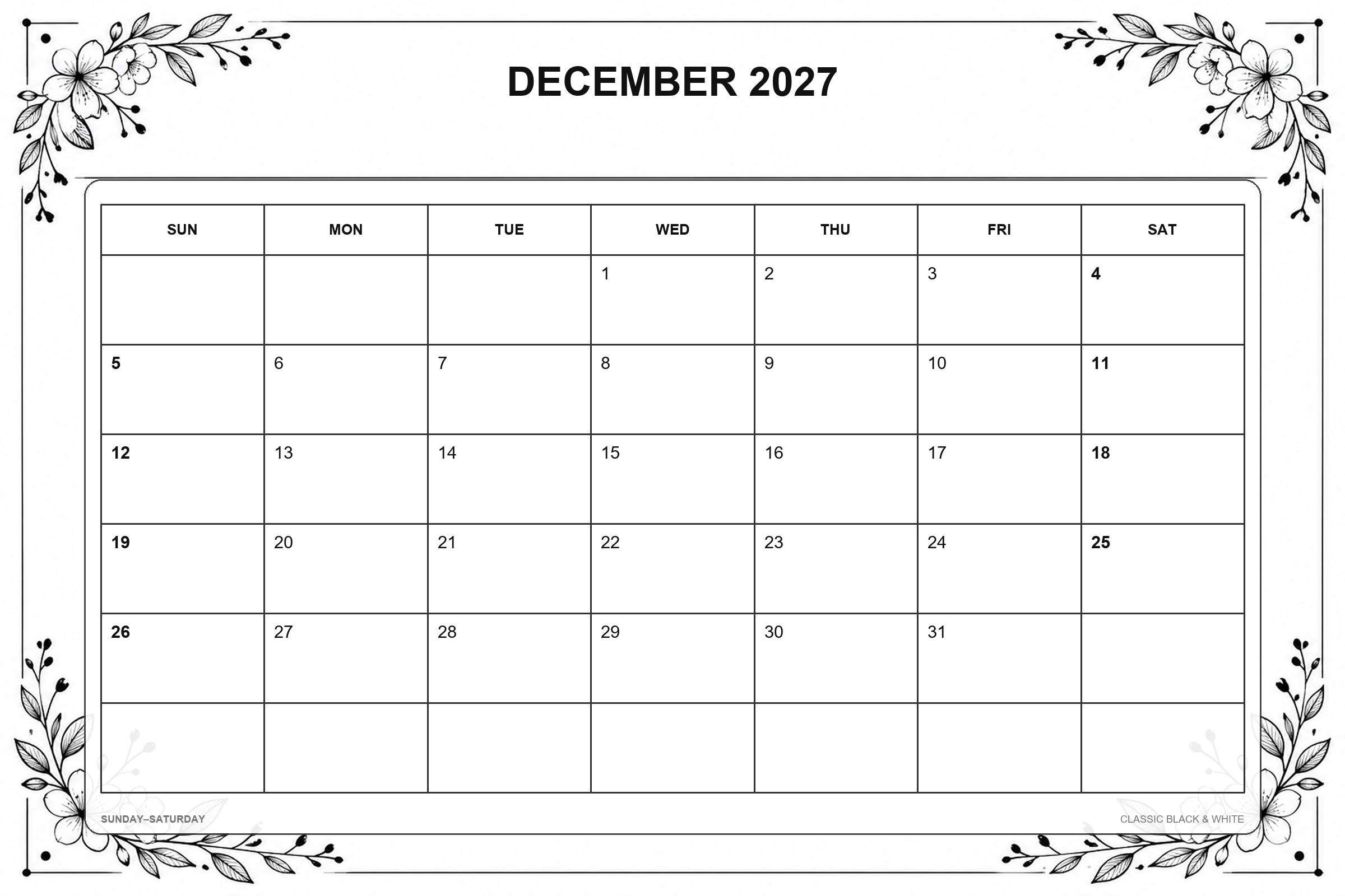 Calendrier de décembre 2027 à imprimer : Noir et blanc classique