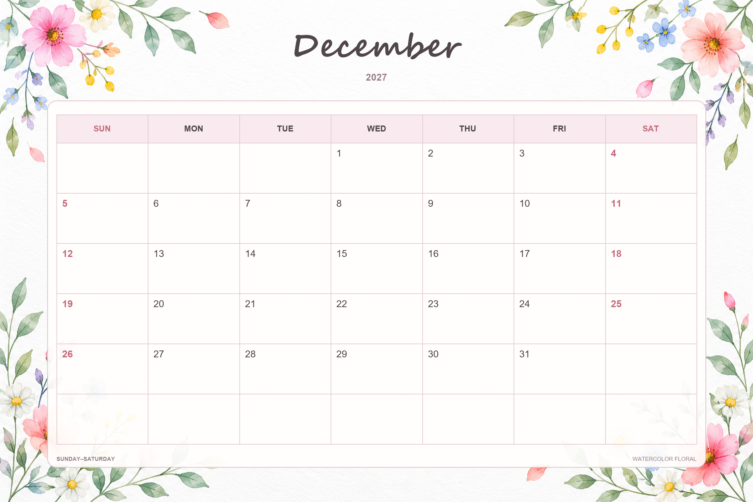 Calendrier de décembre 2027 à imprimer : Fleurs à l’aquarelle