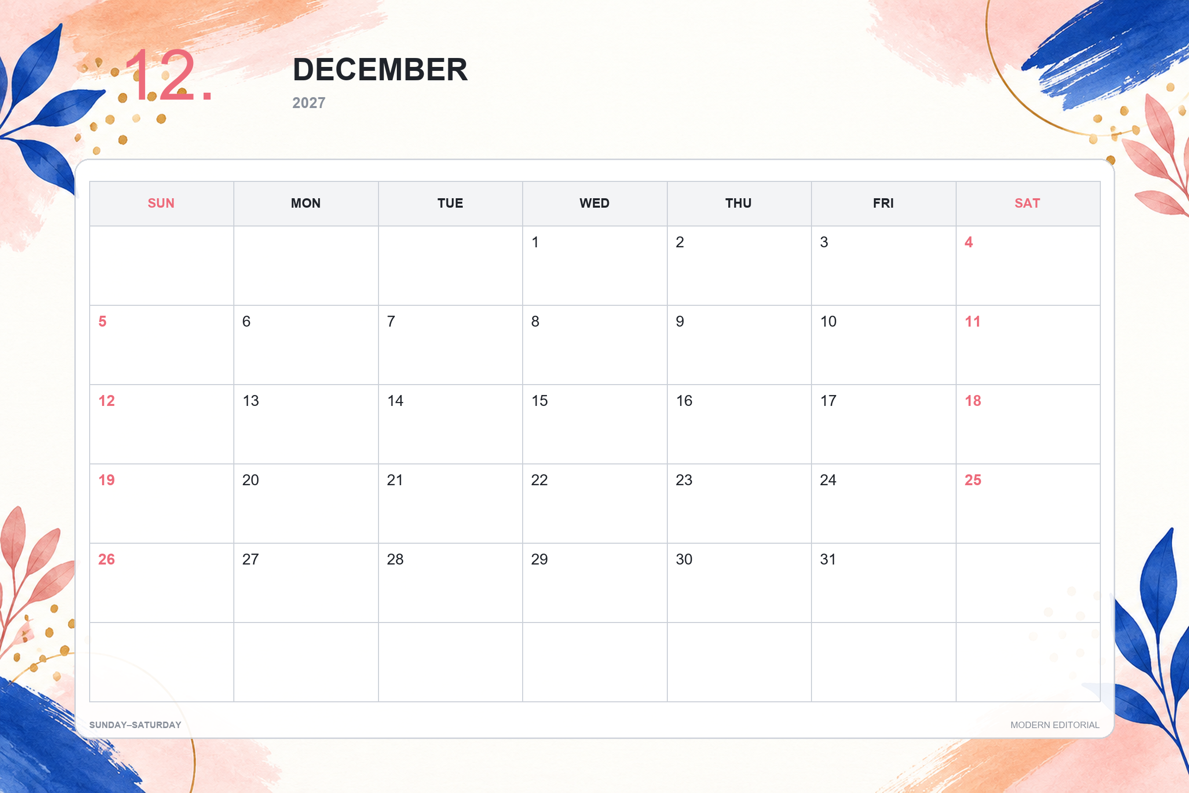 Calendrier de décembre 2027 à imprimer : Style éditorial moderne