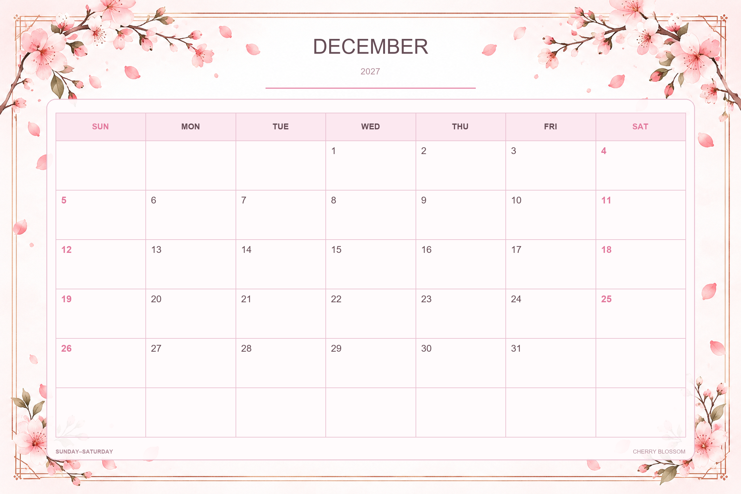 Calendrier de décembre 2027 à imprimer : Fleurs de cerisier