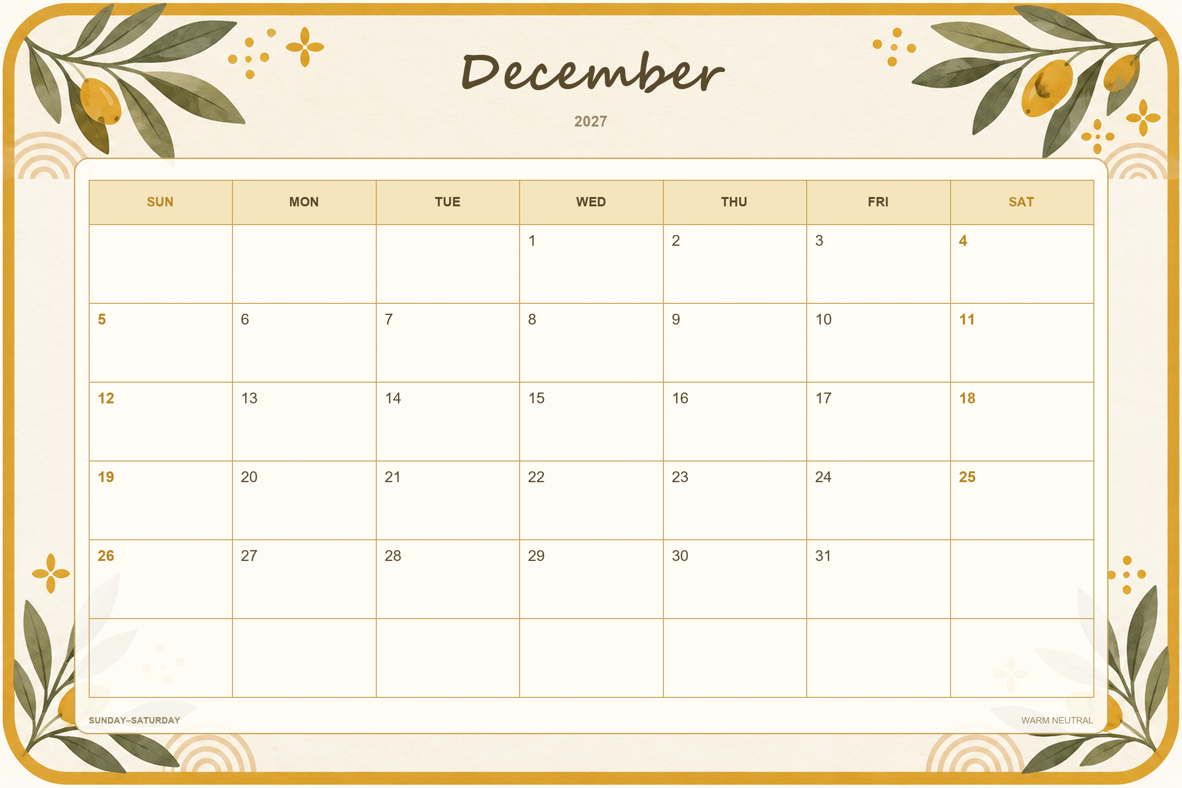 Calendrier de décembre 2027 à imprimer : Tons neutres chaleureux