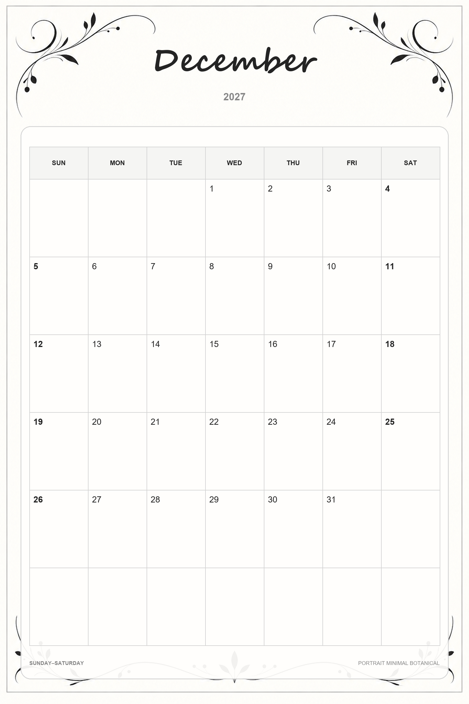 Calendrier de décembre 2027 à imprimer : Botanique minimaliste en portrait