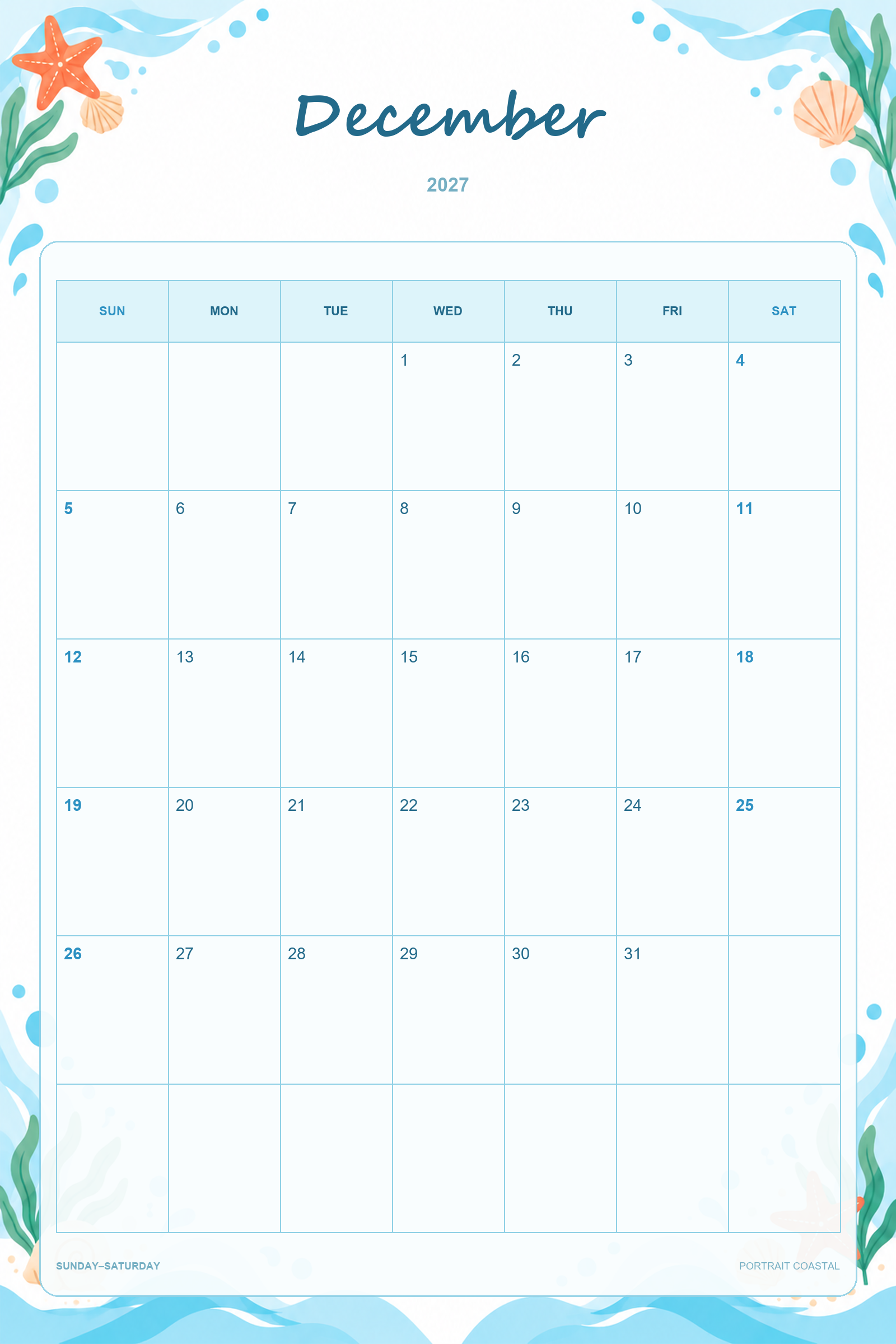 Calendrier de décembre 2027 à imprimer : Ambiance côtière en portrait