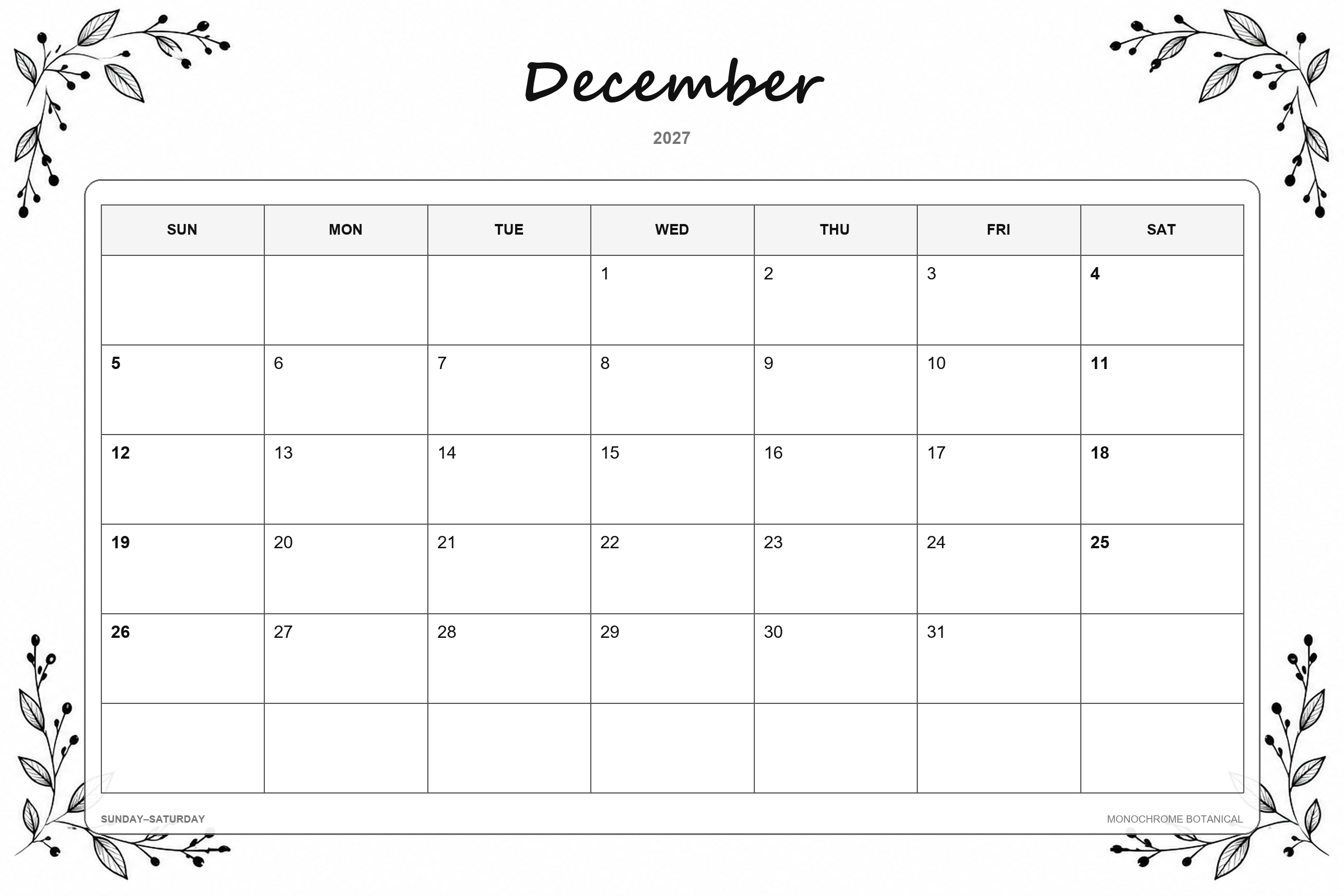Calendrier de décembre 2027 à imprimer : Botanique monochrome
