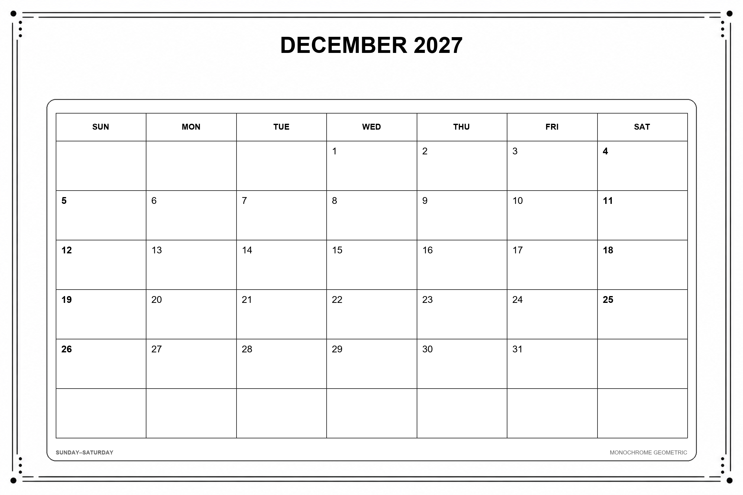 Calendrier de décembre 2027 à imprimer : Géométrie monochrome