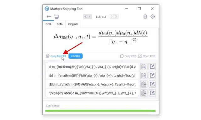 मैथपिक्स स्निपिंग के परिणाम देखें।  फिर क्लिपबोर्ड पर MathML फॉर्मेट को कॉपी करने के लिए Copy MathML बटन पर क्लिक करें।