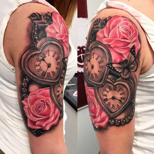 Sugerencia de más de 50 modelos de tatuajes de rosas y relojes extremadamente sexys.