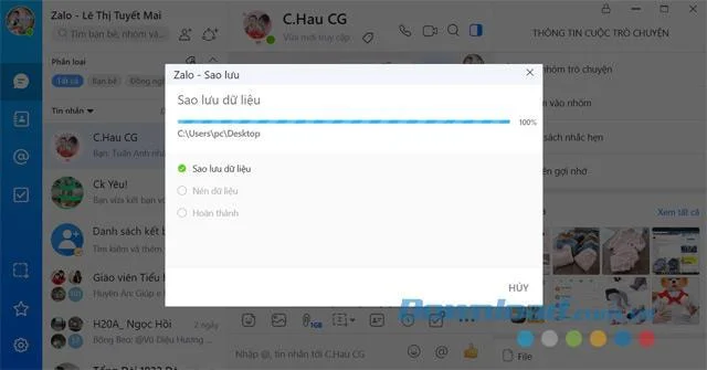 The process of backing up Zalo data