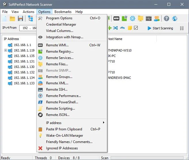 SoftPerfect Network Scanner 8.0.0 - Opciones