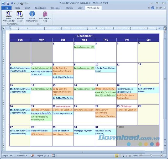 Interface de WinCalendar