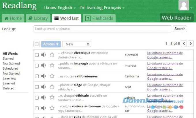 Elenco di parole in Readlang