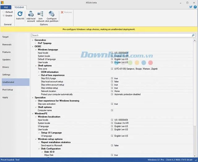 Options d'installation automatique avec NTLite
