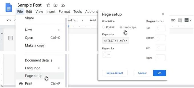 How to change page orientation on Google Docs to landscape