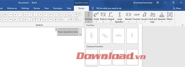 Instructions for writing fractions in Word when editing mathematical formulas