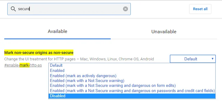 Waarschuwing niet veilig in- of uitschakelen in Google Chrome