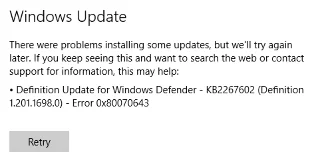 修復 Windows Defender 更新失敗並出現錯誤 0x80070643