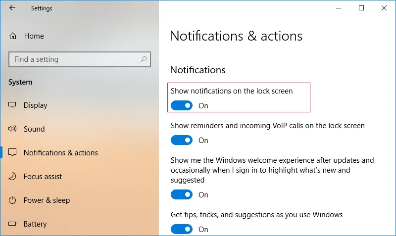 Windows10のロック画面でアプリ通知を有効または無効にする