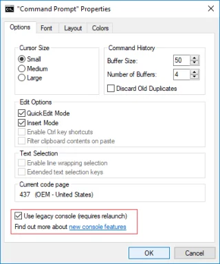 Schakel verouderde console in of uit voor opdrachtprompt en PowerShell in Windows 10